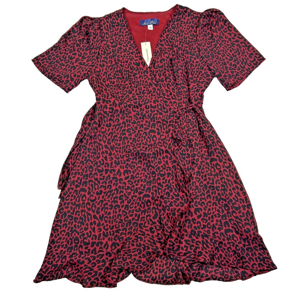 Francescas Blue Rain Wrap Dress Women’s Small Red Leopard Ruffle Tie V-Neck